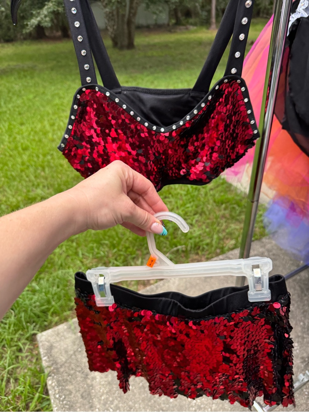 Red Sequin Two-Piece Dance Top & Skirt Set